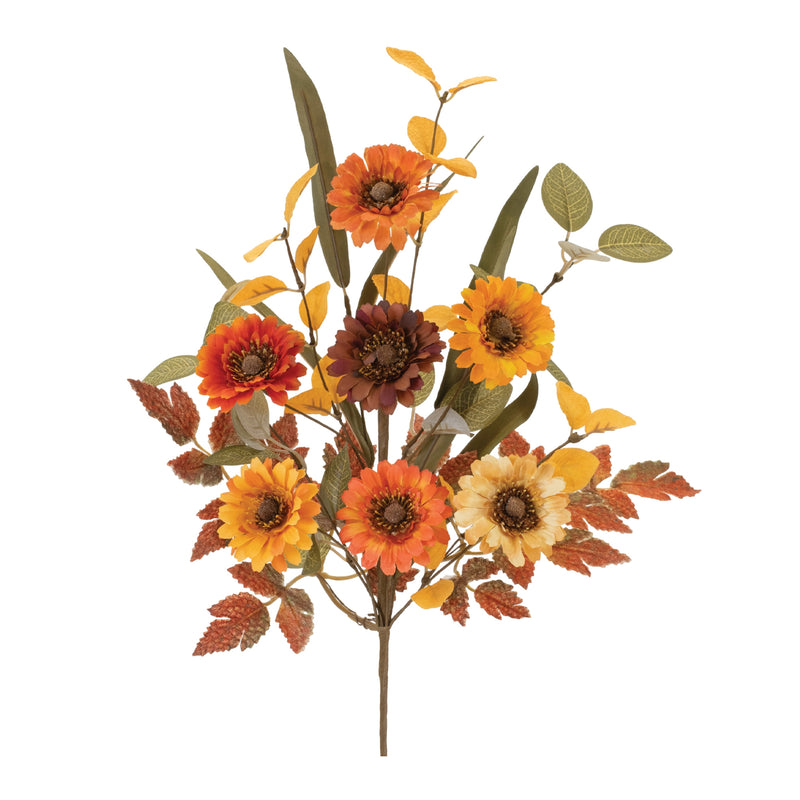 Artificial flower arrangement with orange, yellow, and brown flowers on a white background