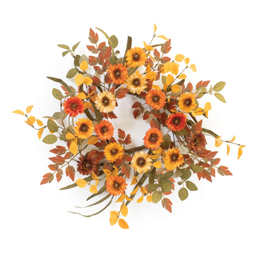 Autumn-themed floral wreath with orange, yellow, and brown flowers on a white background