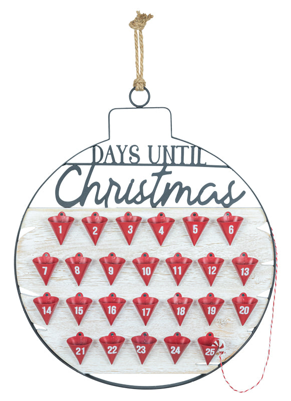 A round hanging advent calendar ornament with a rustic white wood background, black metal frame, and 25 small red numbered bell pockets arranged in rows. The top reads 'DAYS UNTIL Christmas' in black lettering, and a jute hanging loop is attached at the top center.