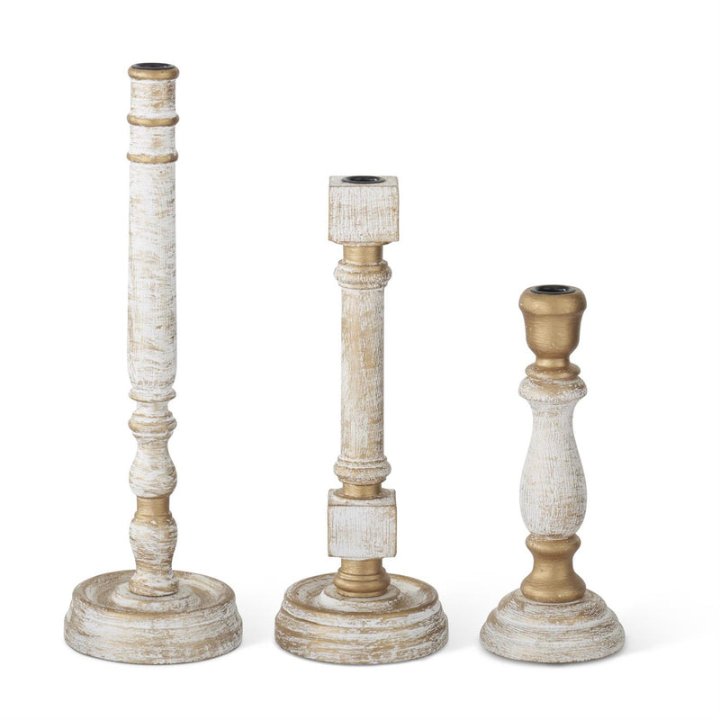 Whitewashed Gold Wood Taper Candle Holder Set