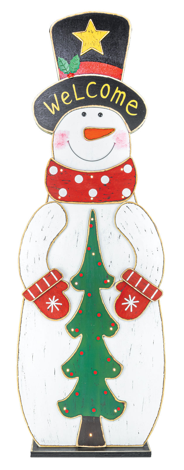 A festive snowman holiday sign with a white body, red polka-dot scarf, red mittens, a green Christmas tree, and a black top hat with a yellow star and the word 'Welcome' in yellow lettering.