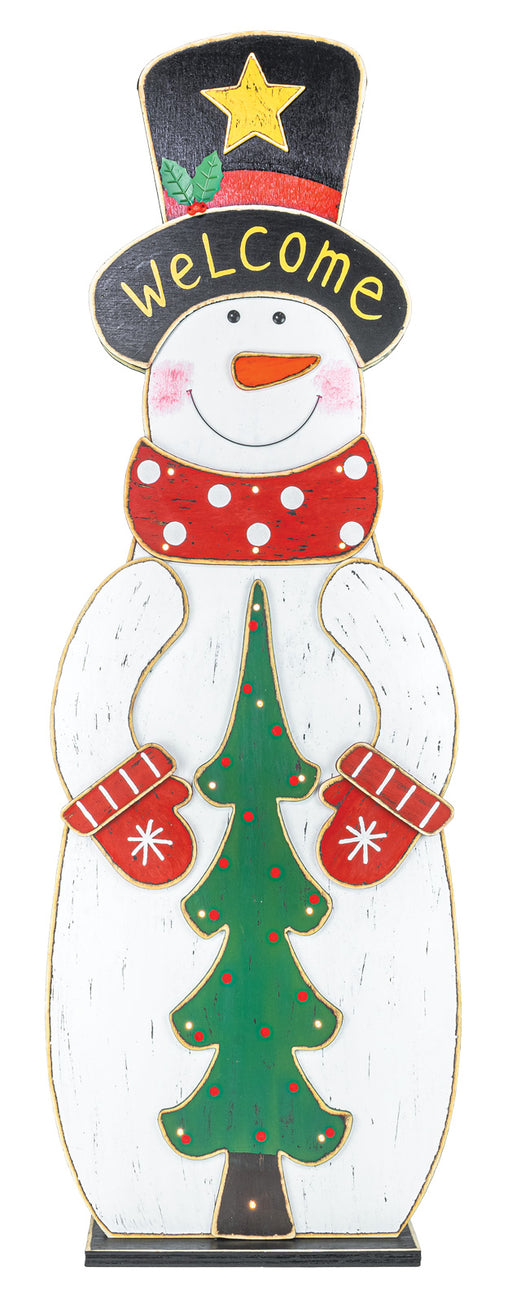 A festive snowman holiday sign with a white body, red polka-dot scarf, red mittens, a green Christmas tree, and a black top hat with a yellow star and the word 'Welcome' in yellow lettering.
