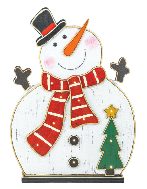 A decorative snowman sign with a white distressed wood finish, featuring a red striped scarf, black top hat, orange carrot nose, pink cheeks, and a small green Christmas tree on a white background.