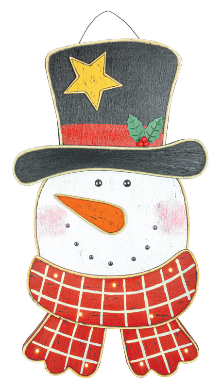 Hand-painted wooden Christmas snowman wall hanging with a black top hat, yellow star, red scarf, and orange carrot nose on a white background.