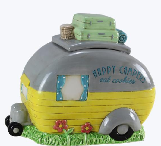 Decorative cookie jar shaped like a camper with 'Happy Camper' text on a white background
