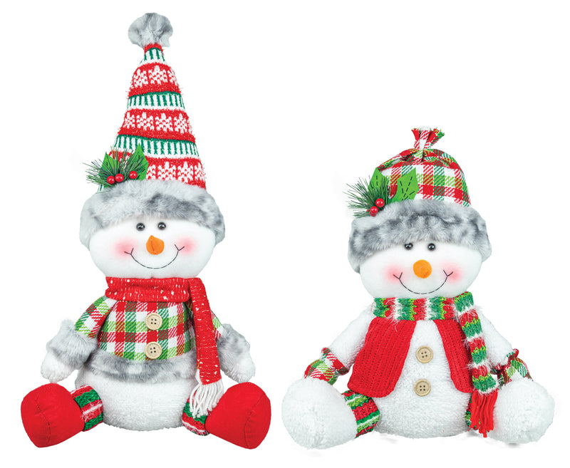 Two plush snowman toys side by side on a white background. One is larger and wears a red and green patterned hat, scarf, and mittens with a gray faux-fur face.