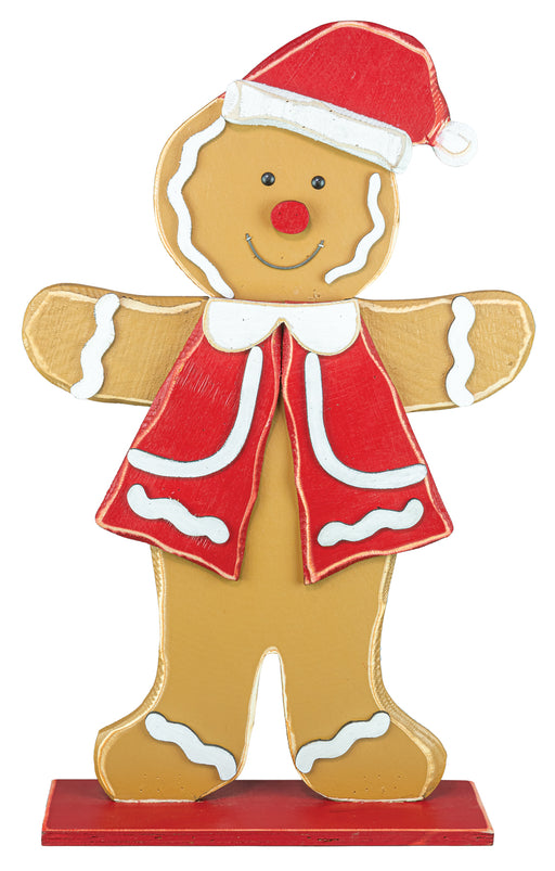 A gingerbread man Christmas decoration figure wearing a red Santa hat and red vest with white trim, standing on a red base against a white background.