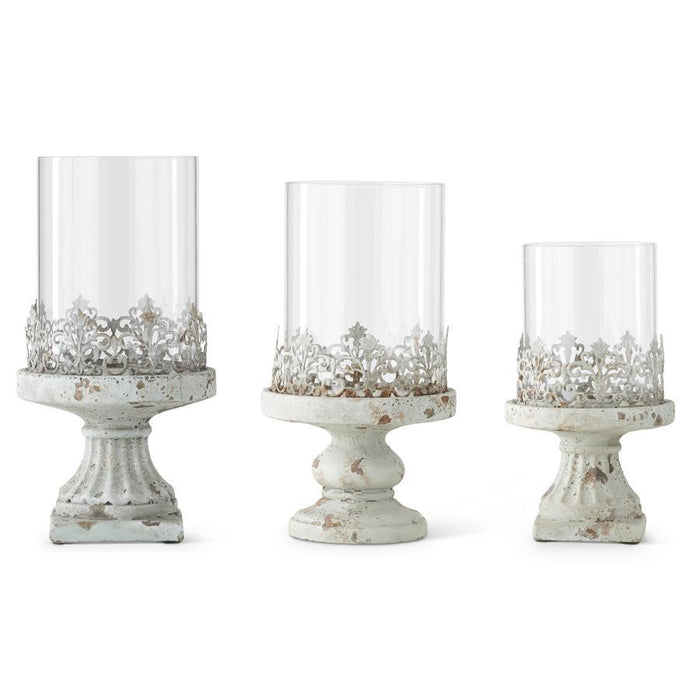 Light Blue Metal Pedestal Candle Holders with Glass Hurricanes