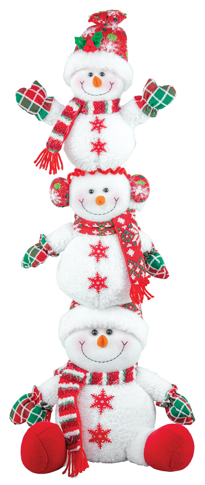 A stacked set of three plush snowman toys wearing matching red, green, and white Christmas outfits, including scarves, hats, mittens, and red boots, on a plain white background.