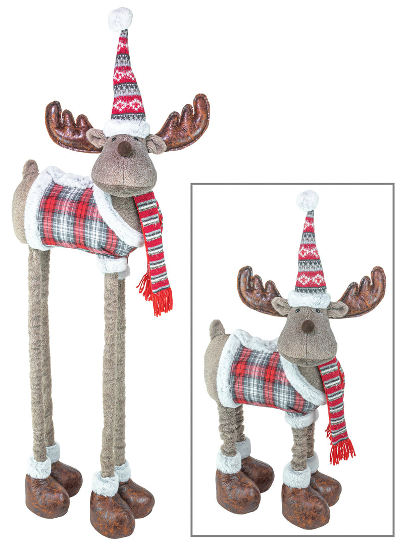 A plush moose Christmas decoration shown on a white background, with a larger full view and a smaller inset view. The moose has brown antlers, a red, green, and white plaid body covering, a red and white patterned Santa hat, and a matching red and white striped scarf with red tassels.