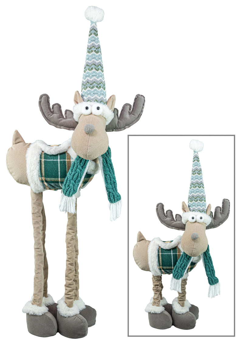 A plush moose decoration wearing a knit winter hat and scarf, shown on a white background with a smaller inset view of the same product.