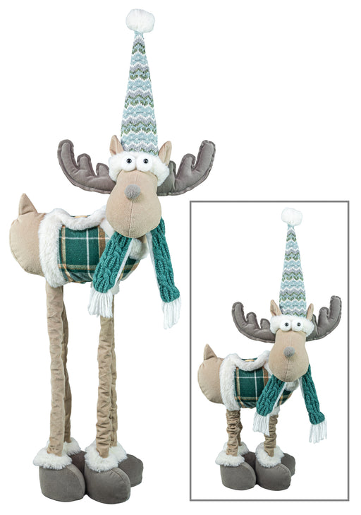 A plush moose decoration wearing a knit winter hat and scarf, shown on a white background with a smaller inset view of the same product.