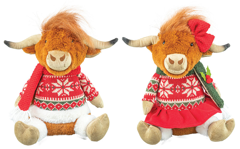 Two Highland cow plush Decor dressed in festive Christmas sweaters, shown side by side on a plain white background. One wears a red sweater with white snowflakes and a red scarf, and the other wears a red sweater with a red bow and a green scarf.