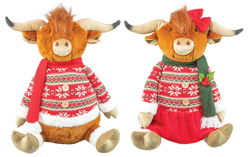 Two plush Highland cow toys dressed in Christmas sweaters and winter clothing, shown side by side on a plain white background.