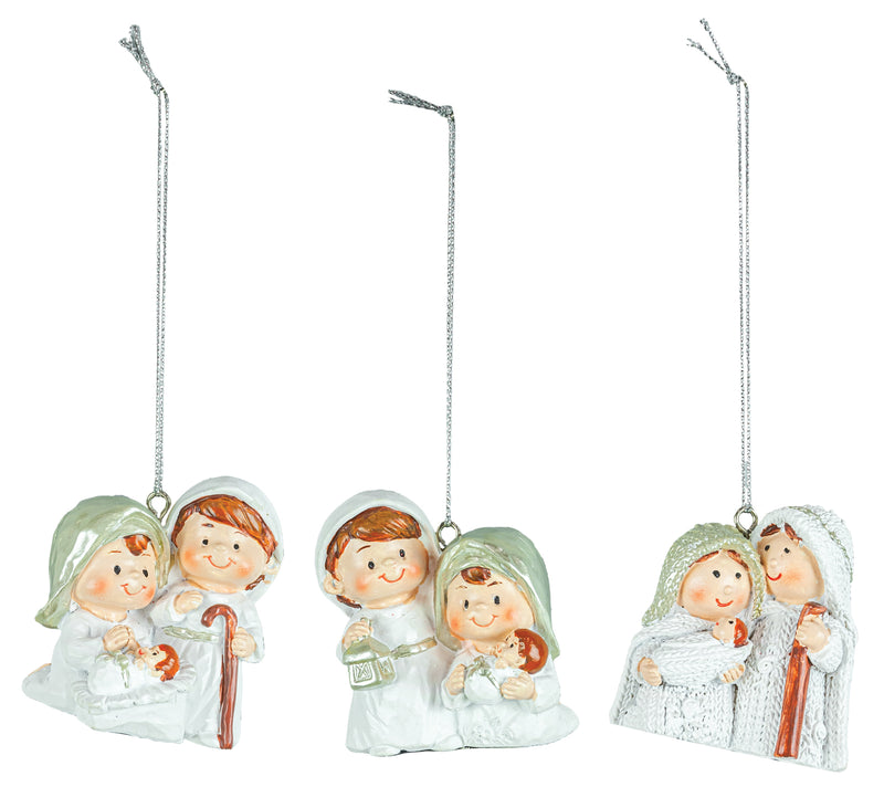 Three Christmas ornament figurines depicting couples in white robes and green hats, each with a silver hanging string, shown against a plain white background.