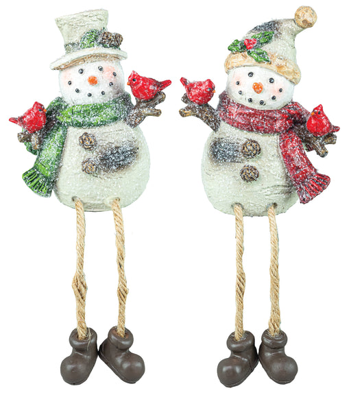 Two snowman holiday decorations with rope legs and dark brown boots, each wearing a hat, scarf, and holding red bird ornaments, shown on a white background.