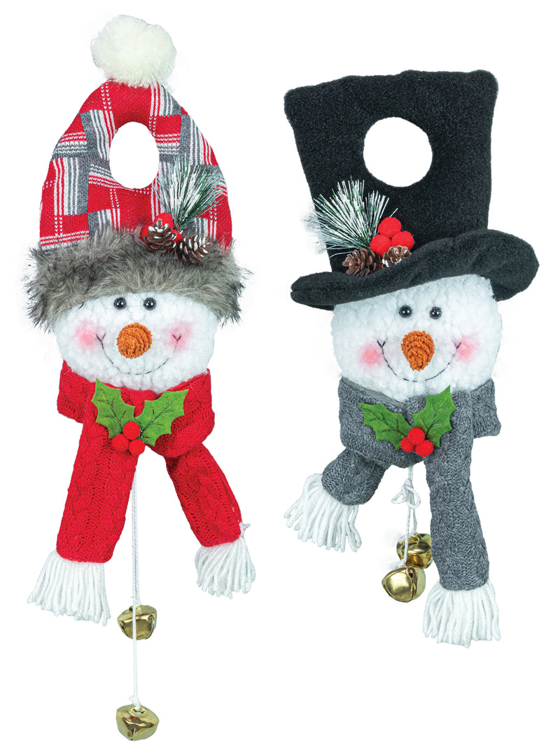 Two festive snowman decorations on a plain white background. One snowman wears a red plaid hat and red scarf, and the other wears a black top hat and gray scarf, each with small gold bells and holly details.