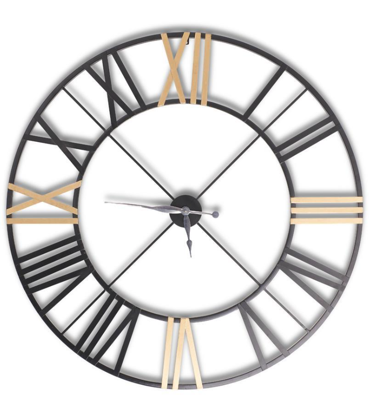 Decorative wall clock with black and gold design on a white background