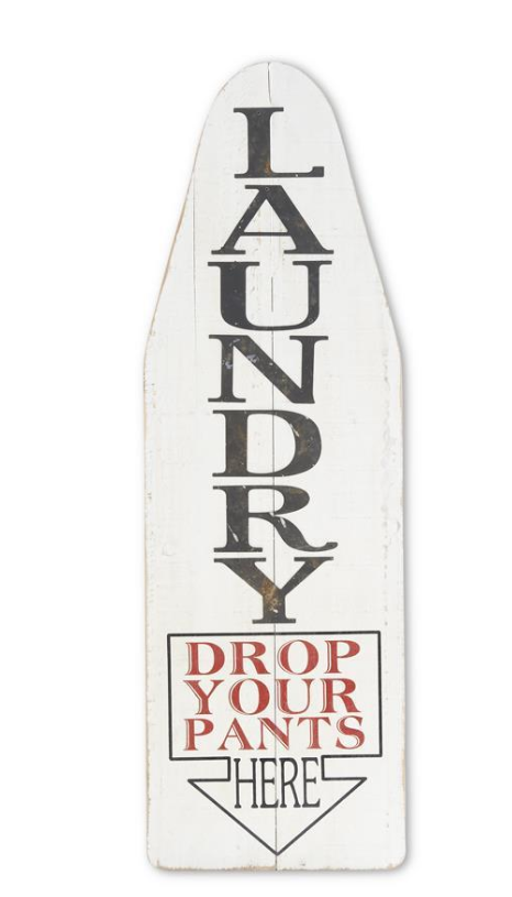 Wooden laundry sign with text on a white background