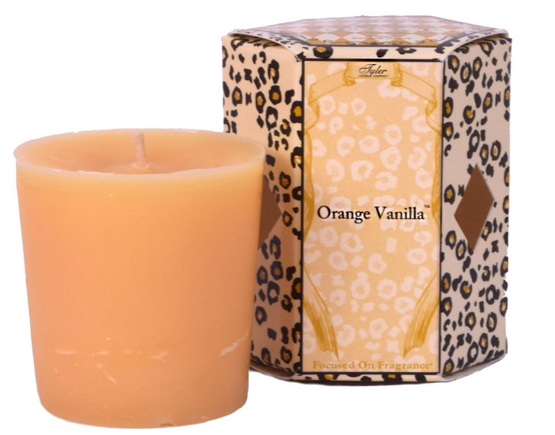 Orange Vanilla candle with leopard print packaging on a white background
