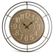 Decorative wall clock with metal frame and brown face on a white background