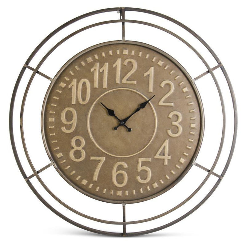 Decorative wall clock with metal frame and brown face on a white background