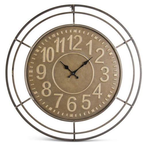Decorative wall clock with metal frame and brown face on a white background