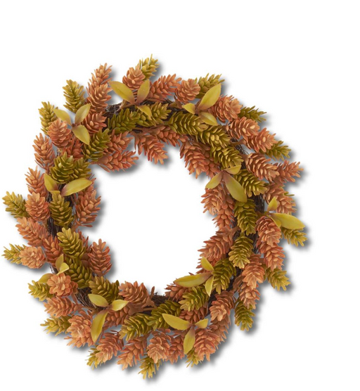 Autumn-themed wreath with green and orange leaves on a white background