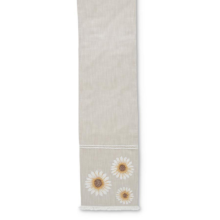 Tan Linen Table Runner with Embroidered Sunflowers - 72"