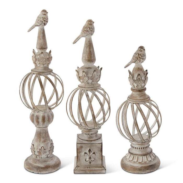 Whitewashed Metal Ball Finials with Bird Tops - 4 Options