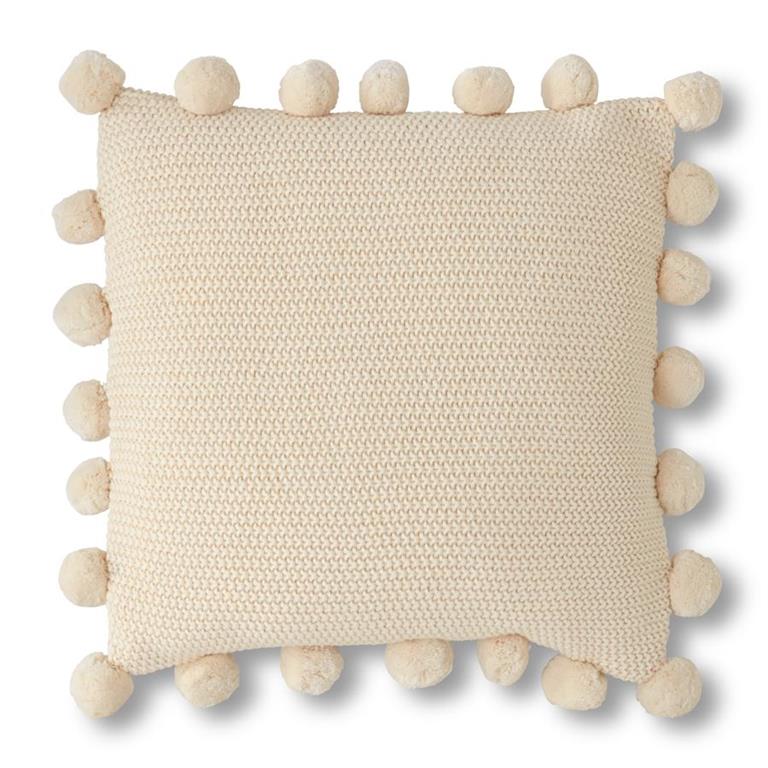Cream Stitch Knit Pillow with Pompom Trim