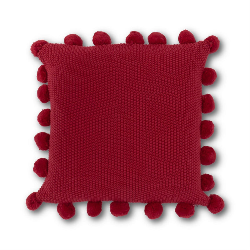 Red Moss Stitch Knit Throw Pillow with Pom Pom Trim