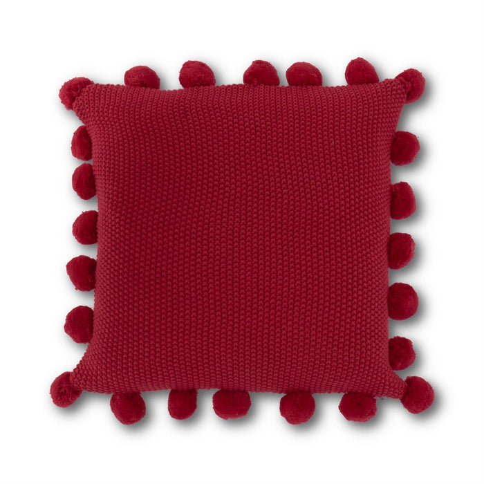 Red Moss Stitch Knit Pillow with Pompom Trim