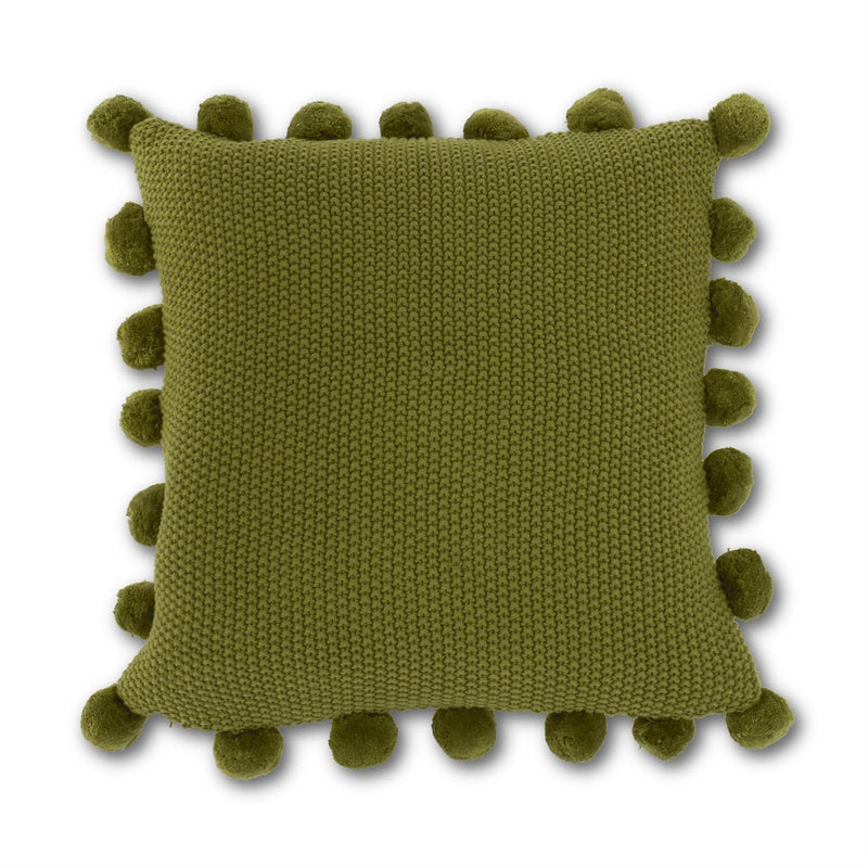 Sage Green Moss Stitch Knit Pillow with Pom Pom Trim