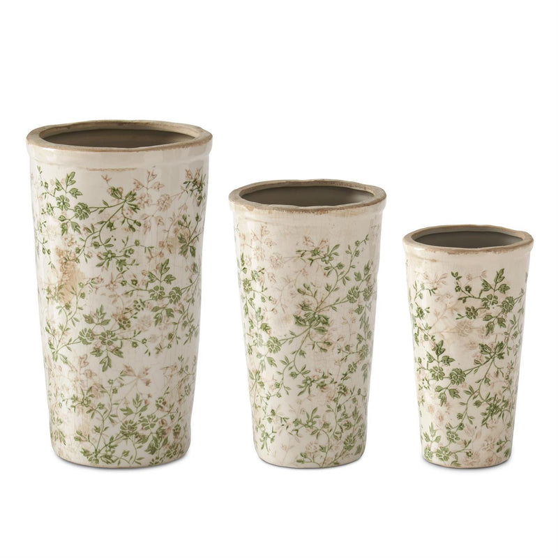 Cream & Green Floral Ceramic Pots