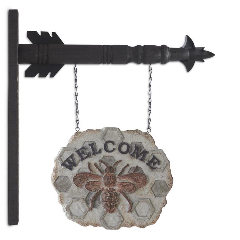 Decorative metal wall hanging with 'Welcome' sign and floral design