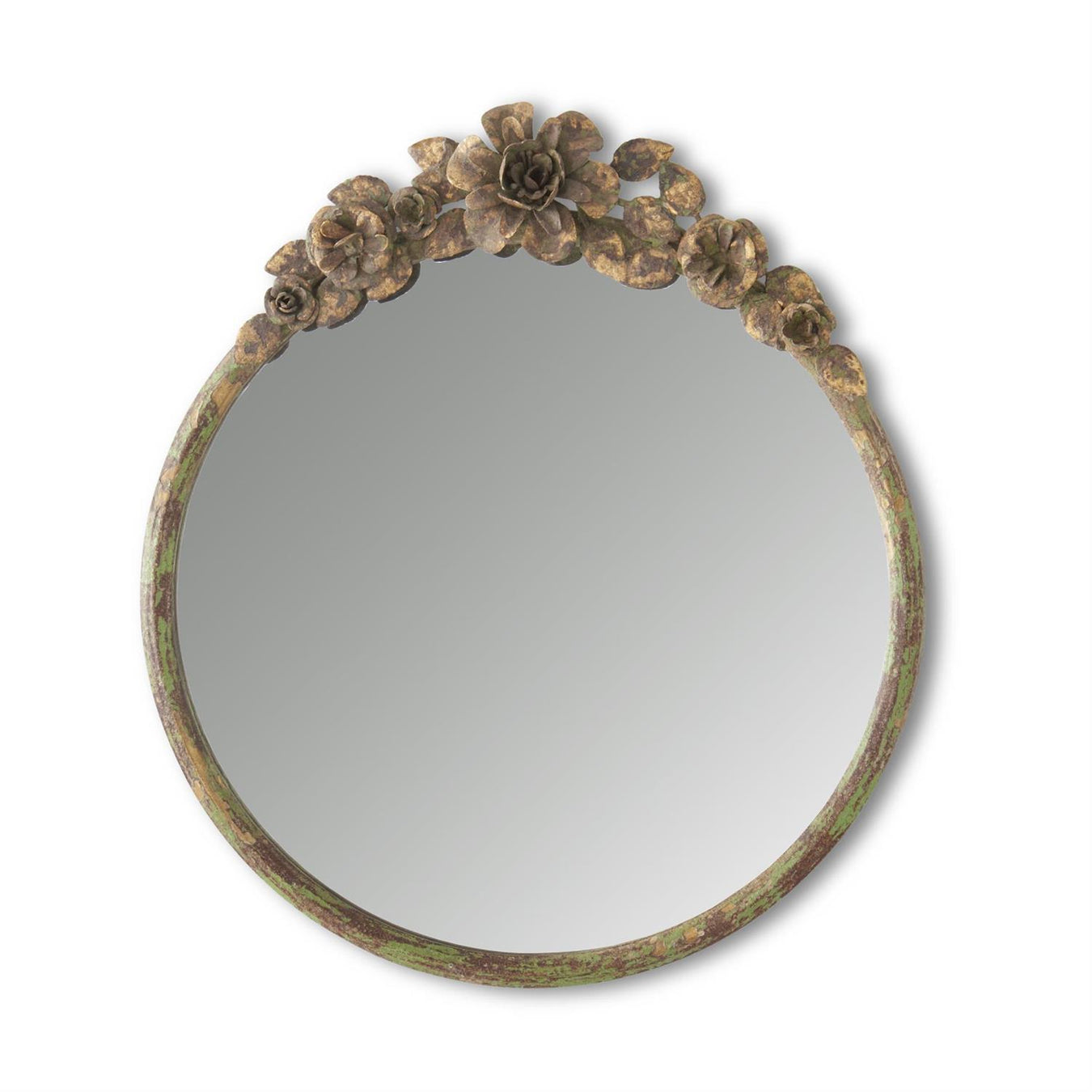 Decorative round mirror with floral designs on a white background