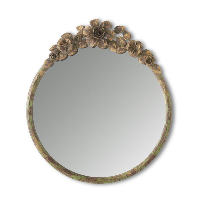 Rustic Metal Flower Topped Green Brown & Gold Round Mirror