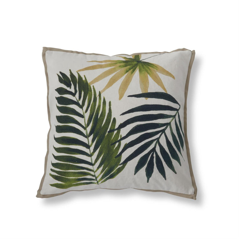 Natural Cotton Tropical Leaves Pillow with Vegan Leather Piping