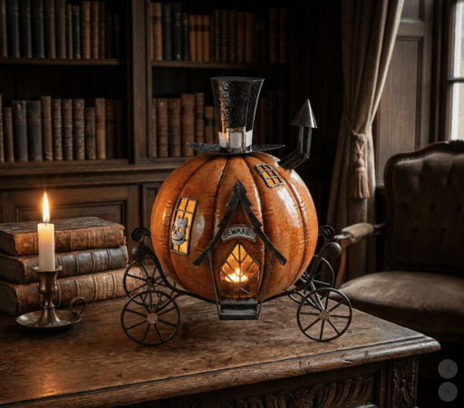 Decorative pumpkin with a top hat and carriage wheels on a wooden table, surrounded by books and a candle.