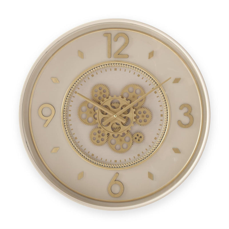 Decorative wall clock with gold gears and numbers on a beige background