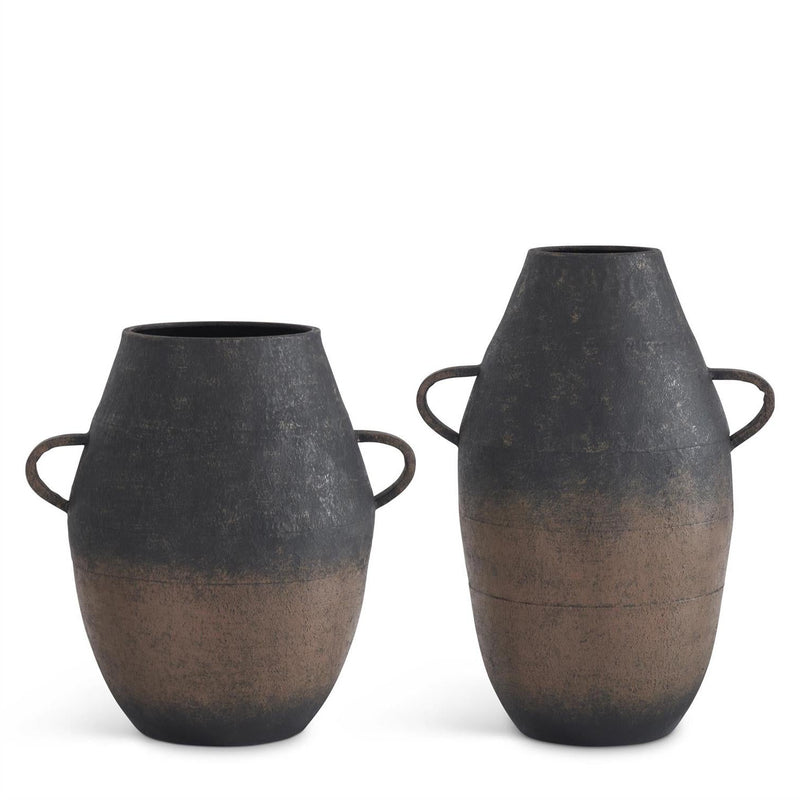 Black and Brown Metal Vases with Handles