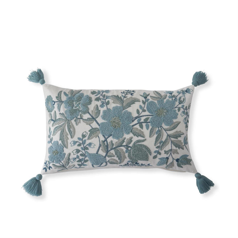 Lumbar White Linen & Blue Embroidered Floral Pillow with Tassels