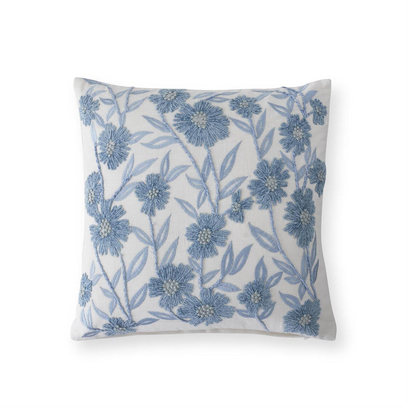 White Linen & Blue Embroidered Floral Pillow