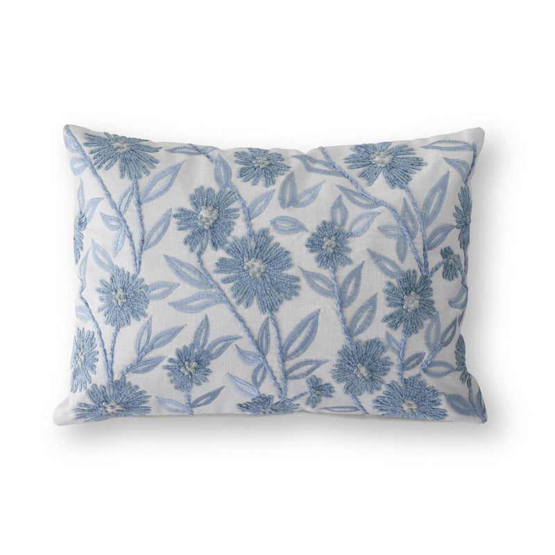 Lumbar White Linen & Blue Embroidered Floral Pillow