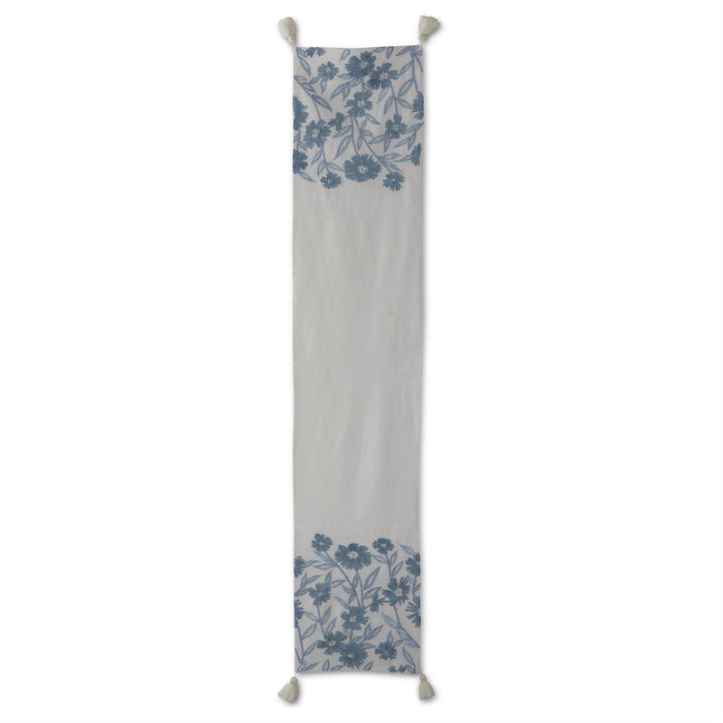 White Linen & Blue Embroidered Floral Table Runner - 72"