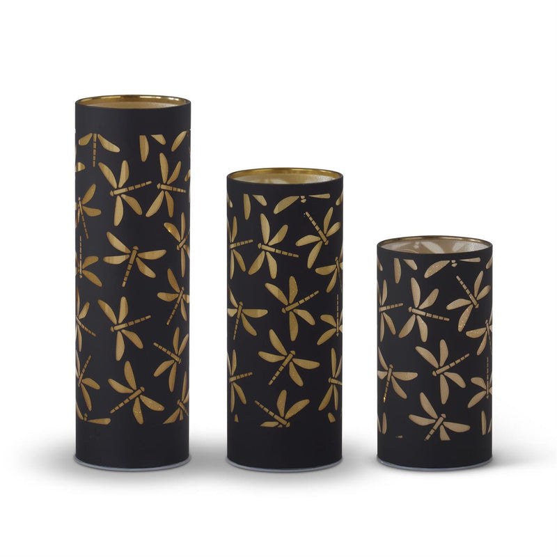 Black & Gold Laser Engraved Dragonfly LED Cylinder Lanterns