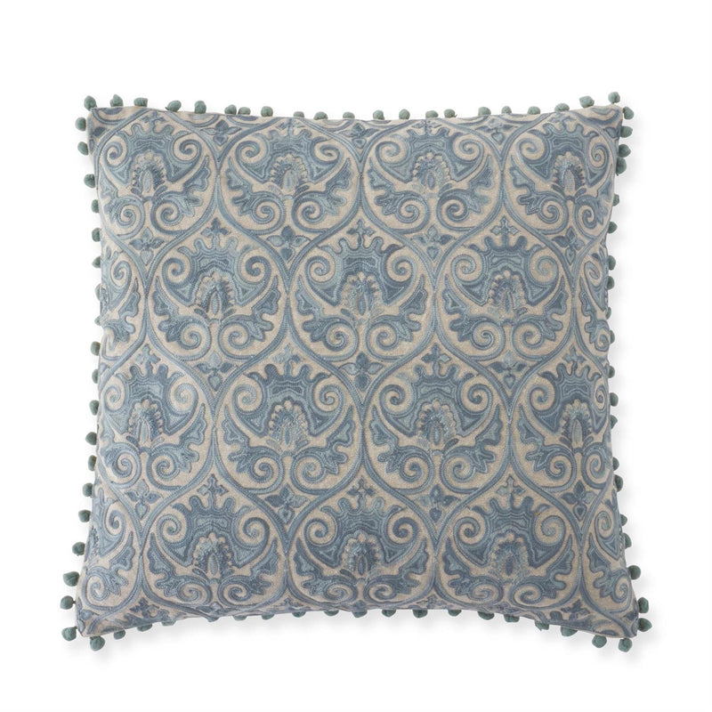 Blue Gray Crest Embroidered Pillow with Pom Pom Trim