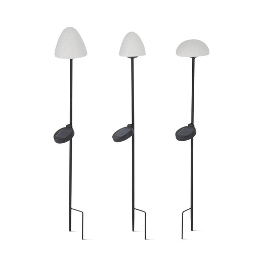 Three modern floor lamps with white shades and black bases on a white background