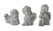 Three stone angel figurines on a white background